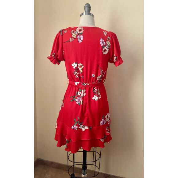 Purple Snow Women's Mini Dress Size M Red Floral Flounce Belt V-Neck - Picture 5 of 7